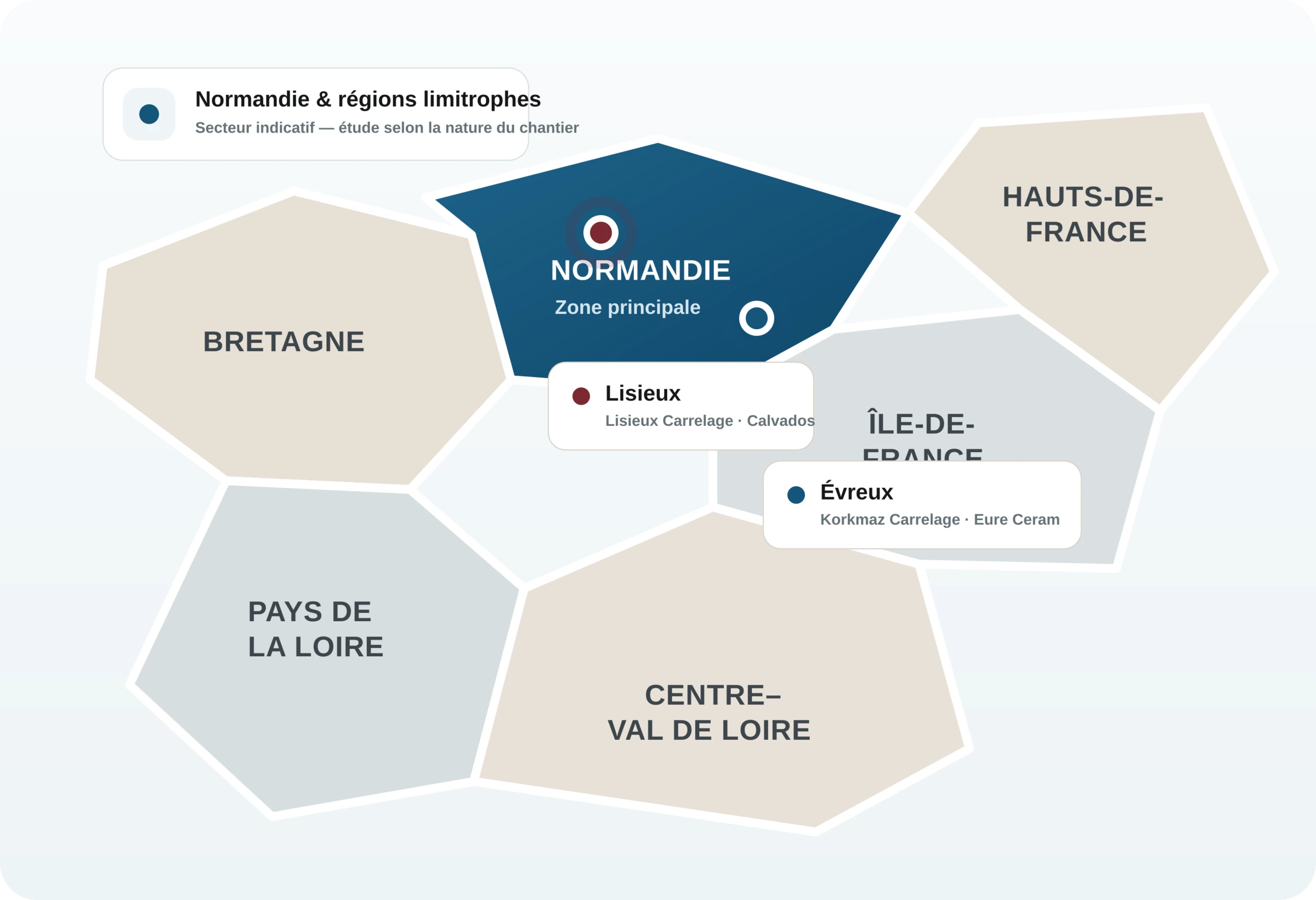 Carte schématique de la Normandie et des régions limitrophes, avec les implantations de Lisieux et Évreux