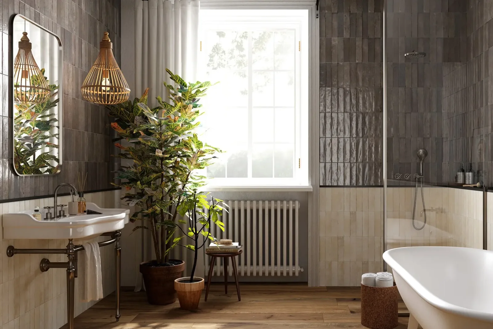 Ambiance salle de bain aux carreaux sombres