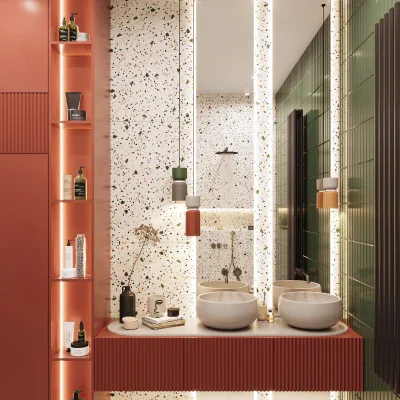 Ambiance salle de bain terrazzo colorée